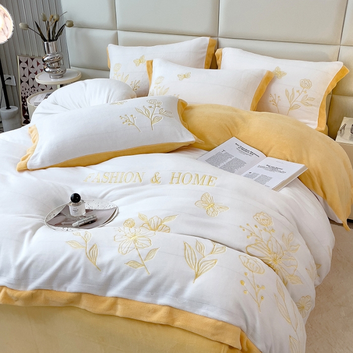 91家纺网 家纺一手货源 找家纺 澳梵家居 2022新款牛奶绒刺绣春风花藻系列四件套 春风花藻-黄