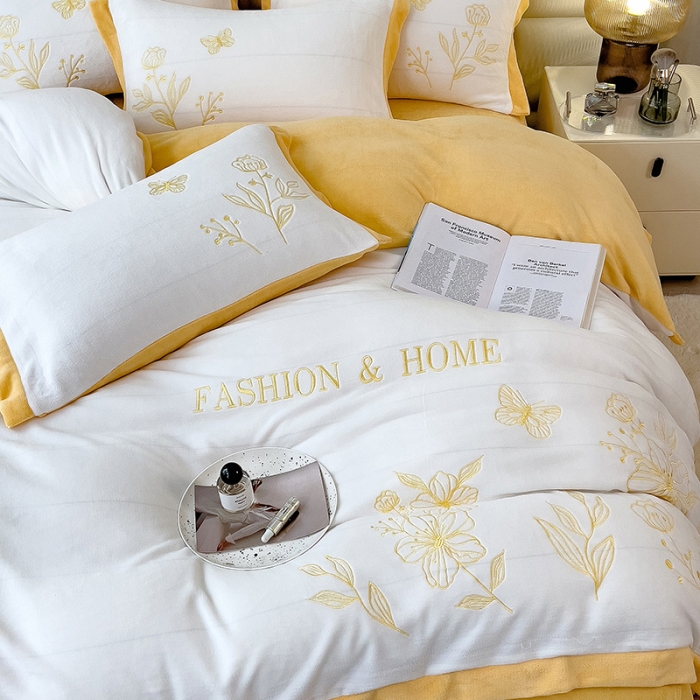 91家纺网 家纺一手货源 找家纺 澳梵家居 2022新款牛奶绒刺绣春风花藻系列四件套 春风花藻-黄