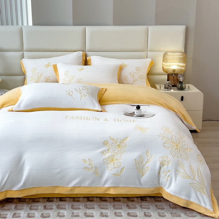 91家纺网 家纺一手货源 找家纺 澳梵家居 2022新款牛奶绒刺绣春风花藻系列四件套 春风花藻-黄