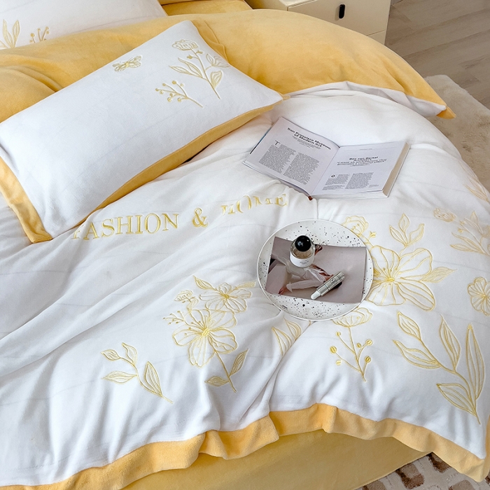 91家纺网 家纺一手货源 找家纺 澳梵家居 2022新款牛奶绒刺绣春风花藻系列四件套 春风花藻-黄