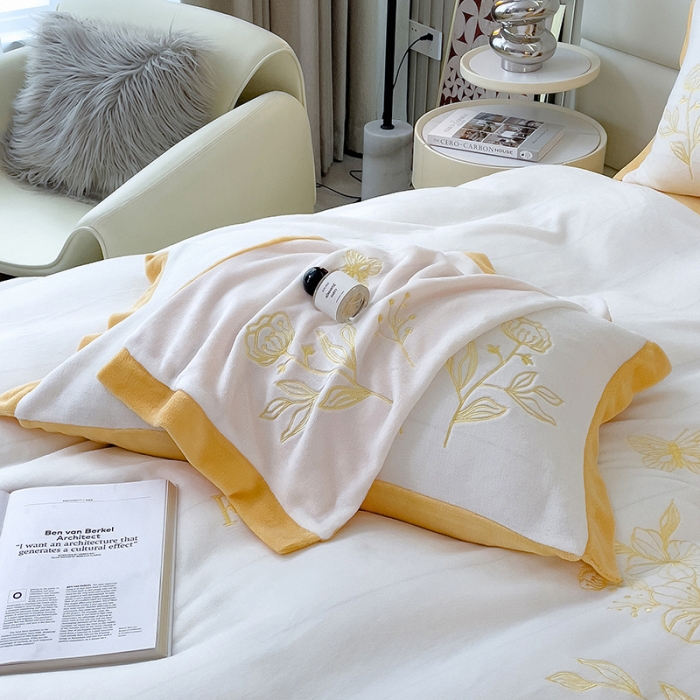 91家纺网 家纺一手货源 找家纺 澳梵家居 2022新款牛奶绒刺绣春风花藻系列四件套 春风花藻-黄