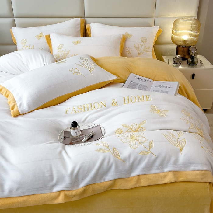 91家纺网 家纺一手货源 找家纺 澳梵家居 2022新款牛奶绒刺绣春风花藻系列四件套 春风花藻-黄