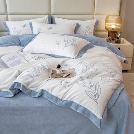 澳梵家居 2022新款牛奶绒刺绣春风花藻系列四件套 春风花藻-灰