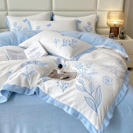 澳梵家居 2022新款牛奶绒刺绣春风花藻系列四件套 春风花藻-蓝