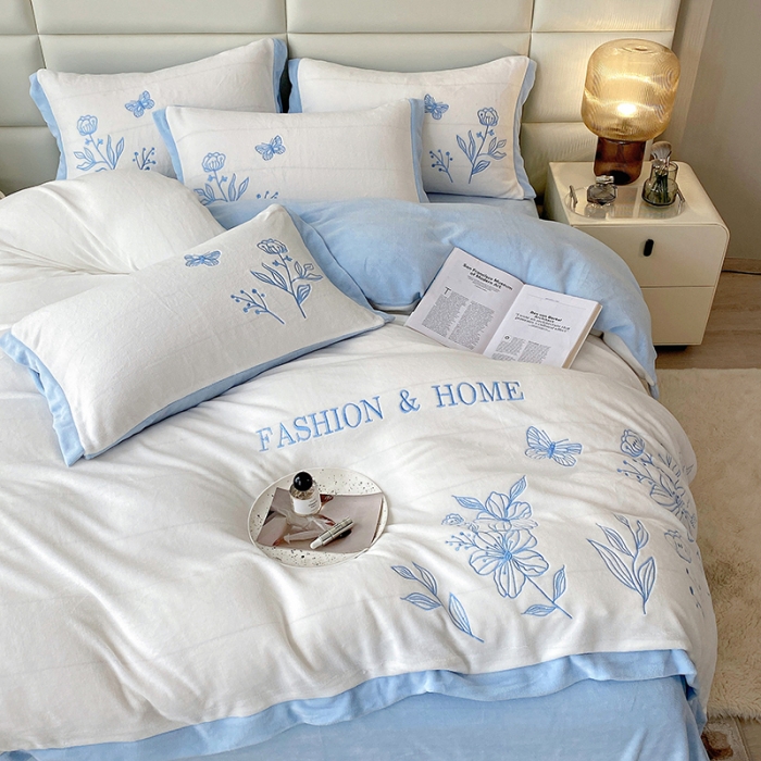 91家纺网 家纺一手货源 找家纺 澳梵家居 2022新款牛奶绒刺绣春风花藻系列四件套 春风花藻-蓝