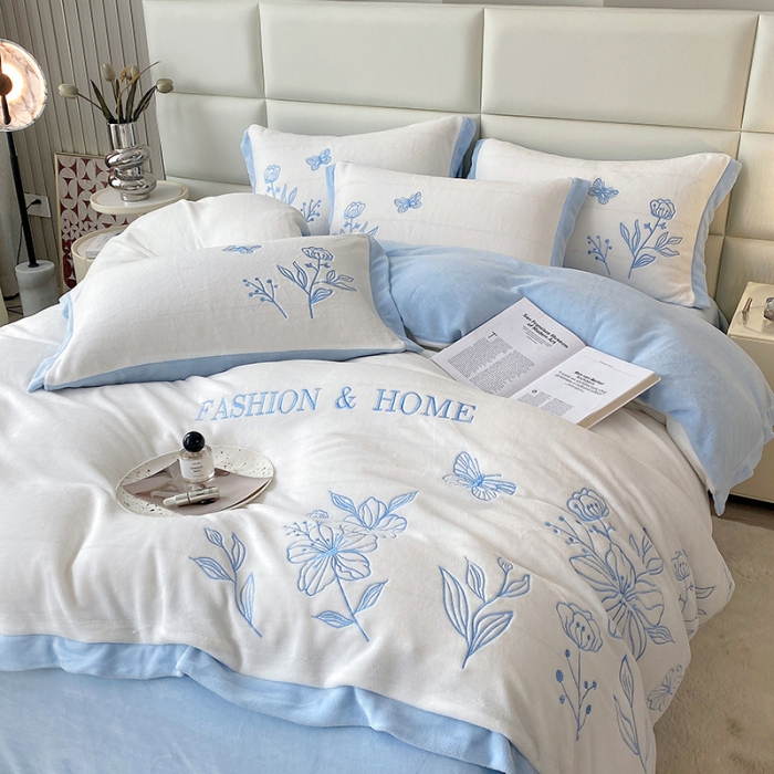 91家纺网 家纺一手货源 找家纺 澳梵家居 2022新款牛奶绒刺绣春风花藻系列四件套 春风花藻-蓝