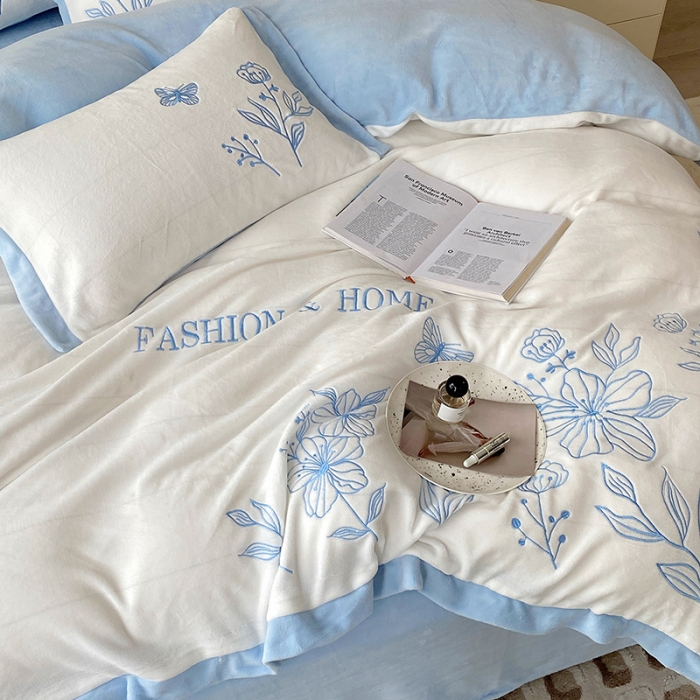 91家纺网 家纺一手货源 找家纺 澳梵家居 2022新款牛奶绒刺绣春风花藻系列四件套 春风花藻-蓝