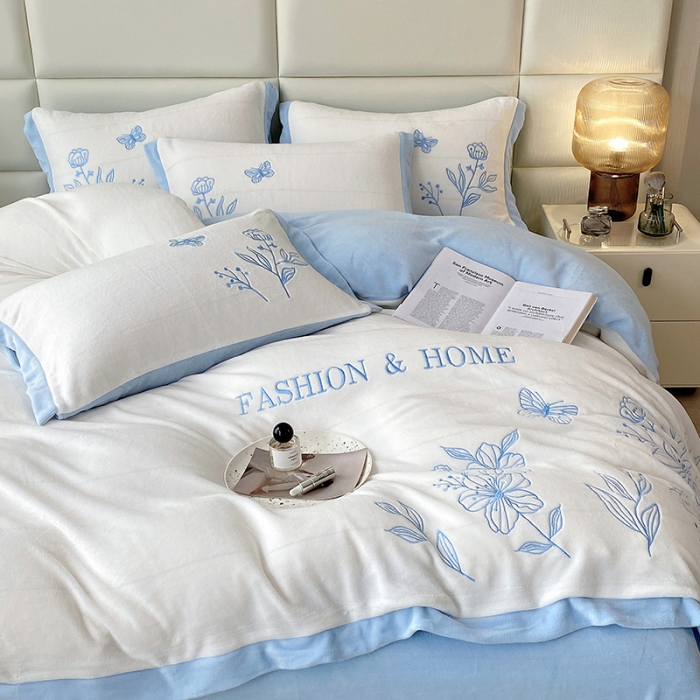 91家纺网 家纺一手货源 找家纺 澳梵家居 2022新款牛奶绒刺绣春风花藻系列四件套 春风花藻-蓝