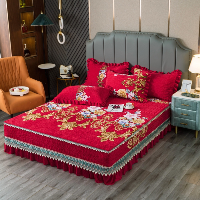 91家纺网 家纺一手货源 找家纺 冬然 2022新款牛奶绒榻榻米床盖炕盖 一生有你大红