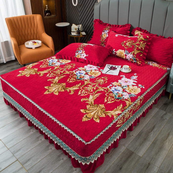 91家纺网 家纺一手货源 找家纺 冬然 2022新款牛奶绒榻榻米床盖炕盖 一生有你大红