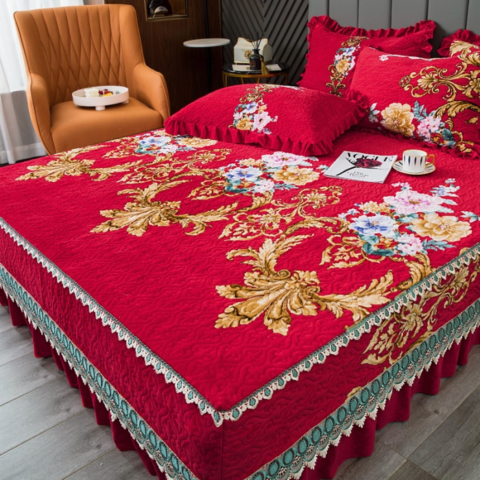 91家纺网 家纺一手货源 找家纺 冬然 2022新款牛奶绒榻榻米床盖炕盖 一生有你大红