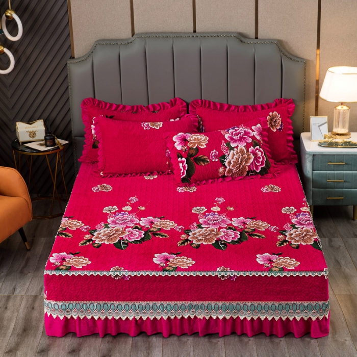 91家纺网 家纺一手货源 找家纺 冬然 2022新款牛奶绒床盖榻榻米床盖炕盖花开富贵红