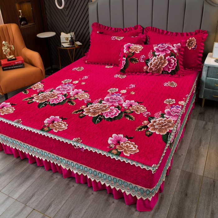 91家纺网 家纺一手货源 找家纺 冬然 2022新款牛奶绒床盖榻榻米床盖炕盖花开富贵红