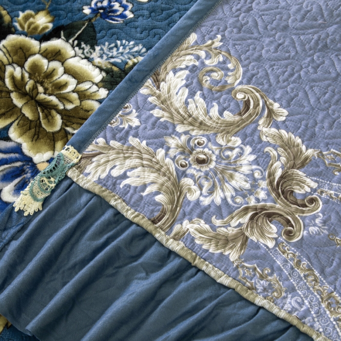 91家纺网 家纺一手货源 找家纺 冬然 2022新款牛奶绒床盖榻榻米床盖炕盖花开富贵蓝