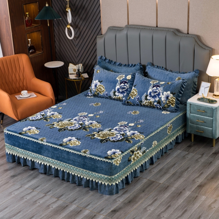 91家纺网 家纺一手货源 找家纺 冬然 2022新款牛奶绒床盖榻榻米床盖炕盖花开富贵蓝