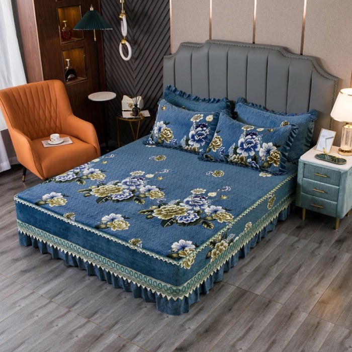 91家纺网 家纺一手货源 找家纺 冬然 2022新款牛奶绒床盖榻榻米床盖炕盖花开富贵蓝