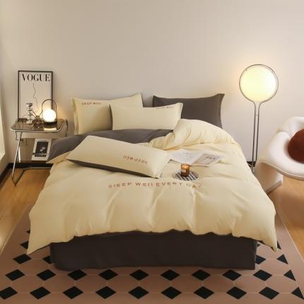 91家纺网 家纺一手货源 找家纺 啊雅家居纯色水洗磨毛亲肤绣花床单款床笠款四套件 奶黄加奶深灰