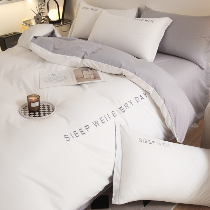 91家纺网 家纺一手货源 找家纺 啊雅家居纯色水洗磨毛亲肤绣花床单款床笠款四套件奶白加奶浅灰