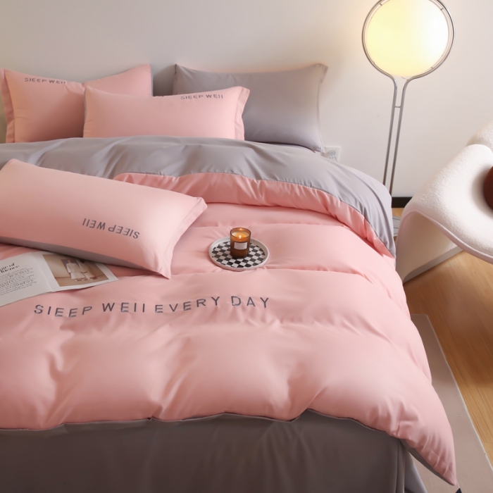 91家纺网 家纺一手货源 找家纺 啊雅家居纯色水洗磨毛亲肤绣花床单款床笠款四套件 奶粉加奶浅灰