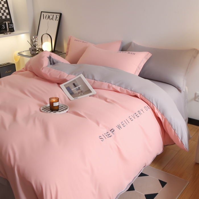 91家纺网 家纺一手货源 找家纺 啊雅家居纯色水洗磨毛亲肤绣花床单款床笠款四套件 奶粉加奶浅灰