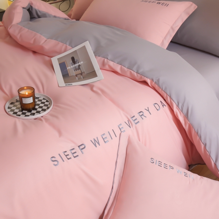 91家纺网 家纺一手货源 找家纺 啊雅家居纯色水洗磨毛亲肤绣花床单款床笠款四套件 奶粉加奶浅灰