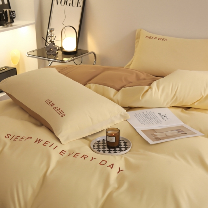 91家纺网 家纺一手货源 找家纺 啊雅家居纯色水洗磨毛亲肤绣花床单款床笠款四套件 奶黄加奶咖