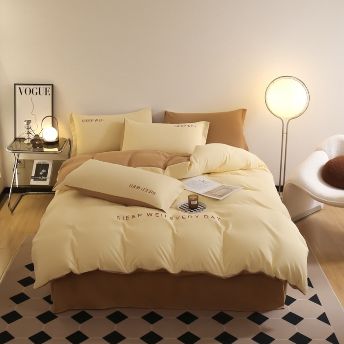 91家纺网 家纺一手货源 找家纺 啊雅家居纯色水洗磨毛亲肤绣花床单款床笠款四套件 奶黄加奶咖