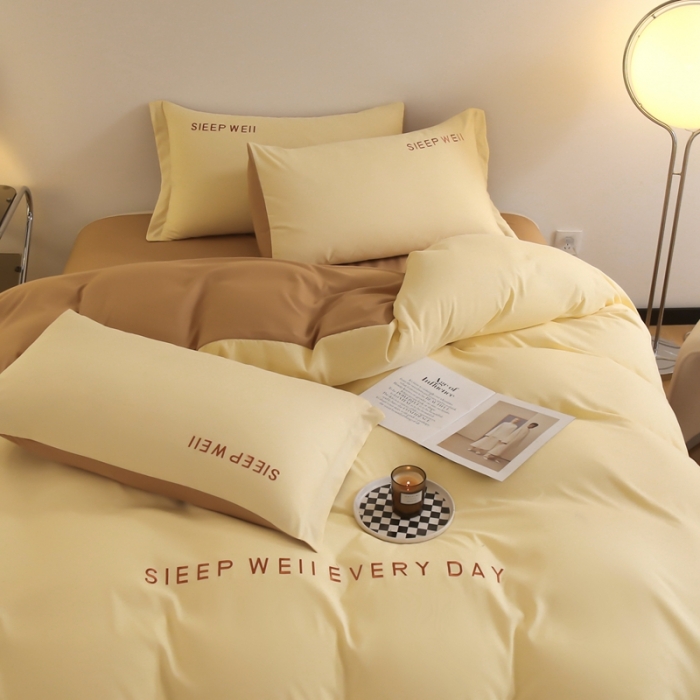 91家纺网 家纺一手货源 找家纺 啊雅家居纯色水洗磨毛亲肤绣花床单款床笠款四套件 奶黄加奶咖