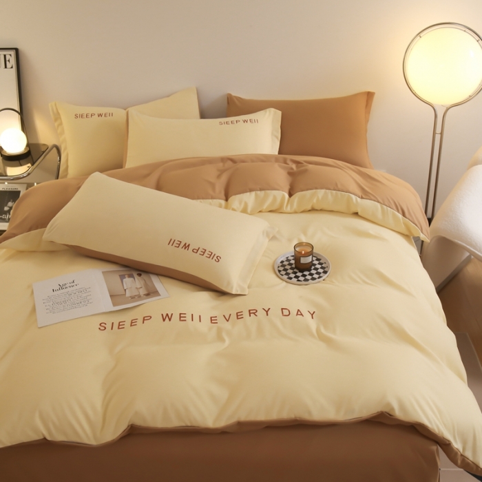 91家纺网 家纺一手货源 找家纺 啊雅家居纯色水洗磨毛亲肤绣花床单款床笠款四套件 奶黄加奶咖