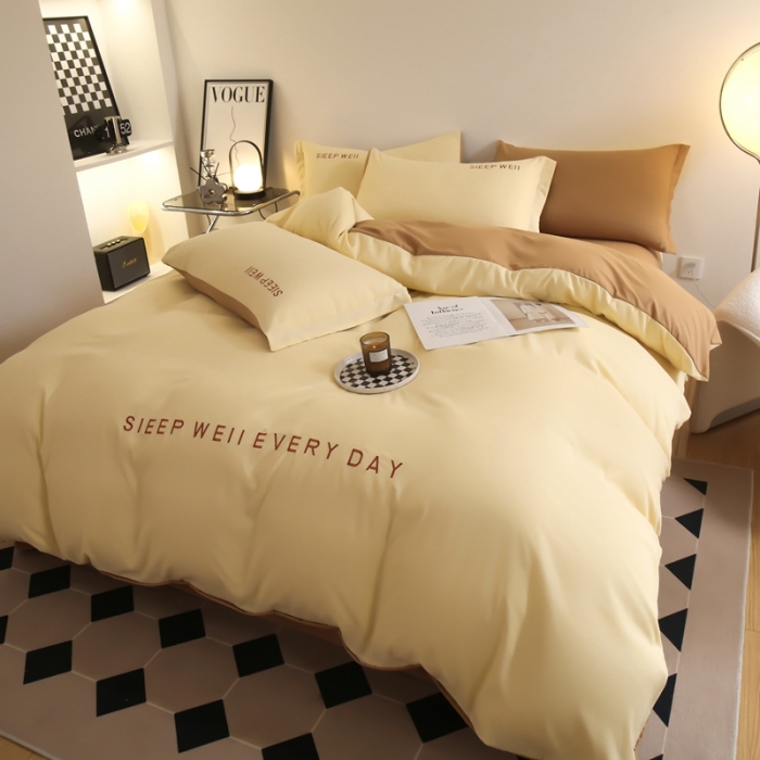 91家纺网 家纺一手货源 找家纺 啊雅家居纯色水洗磨毛亲肤绣花床单款床笠款四套件 奶黄加奶咖