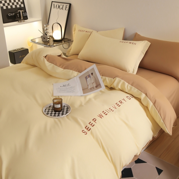 91家纺网 家纺一手货源 找家纺 啊雅家居纯色水洗磨毛亲肤绣花床单款床笠款四套件 奶黄加奶咖