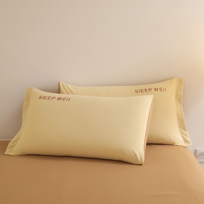 91家纺网 家纺一手货源 找家纺 啊雅家居纯色水洗磨毛亲肤绣花床单款床笠款四套件 奶黄加奶咖