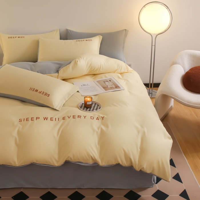 91家纺网 家纺一手货源 找家纺 啊雅家居纯色水洗磨毛亲肤绣花床单款床笠款四套件 奶黄加奶浅灰