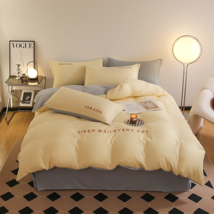 91家纺网 家纺一手货源 找家纺 啊雅家居纯色水洗磨毛亲肤绣花床单款床笠款四套件 奶黄加奶浅灰