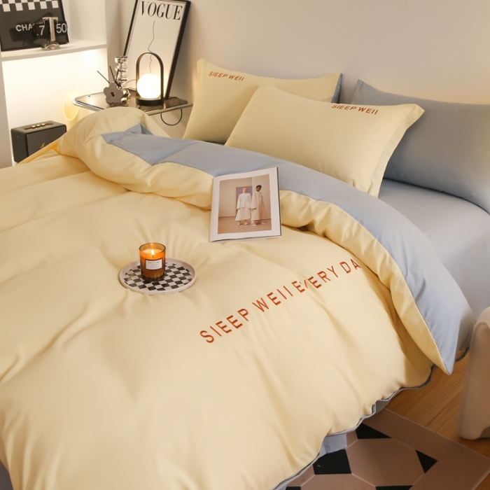 91家纺网 家纺一手货源 找家纺 啊雅家居纯色水洗磨毛亲肤绣花床单款床笠款四套件 奶黄加奶浅灰