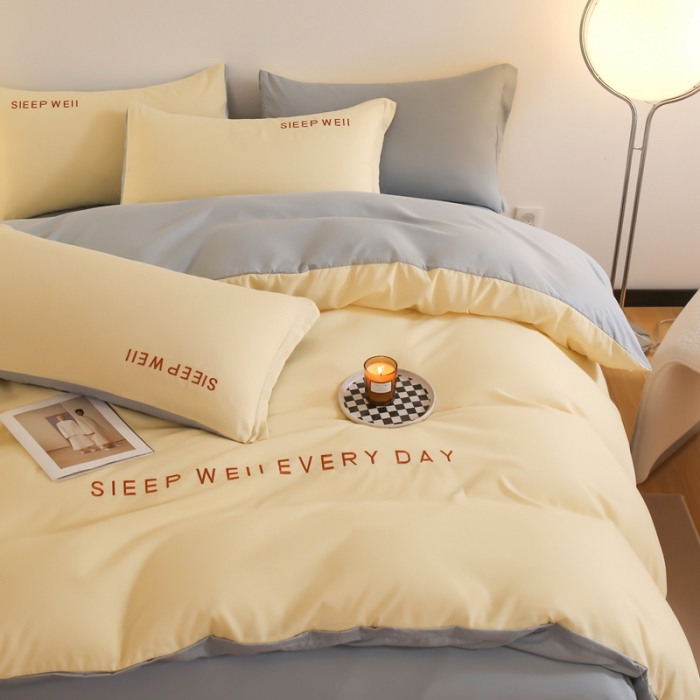 91家纺网 家纺一手货源 找家纺 啊雅家居纯色水洗磨毛亲肤绣花床单款床笠款四套件 奶黄加奶浅灰