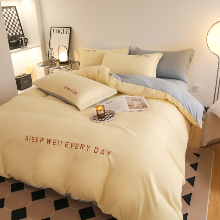 91家纺网 家纺一手货源 找家纺 啊雅家居纯色水洗磨毛亲肤绣花床单款床笠款四套件 奶黄加奶浅灰