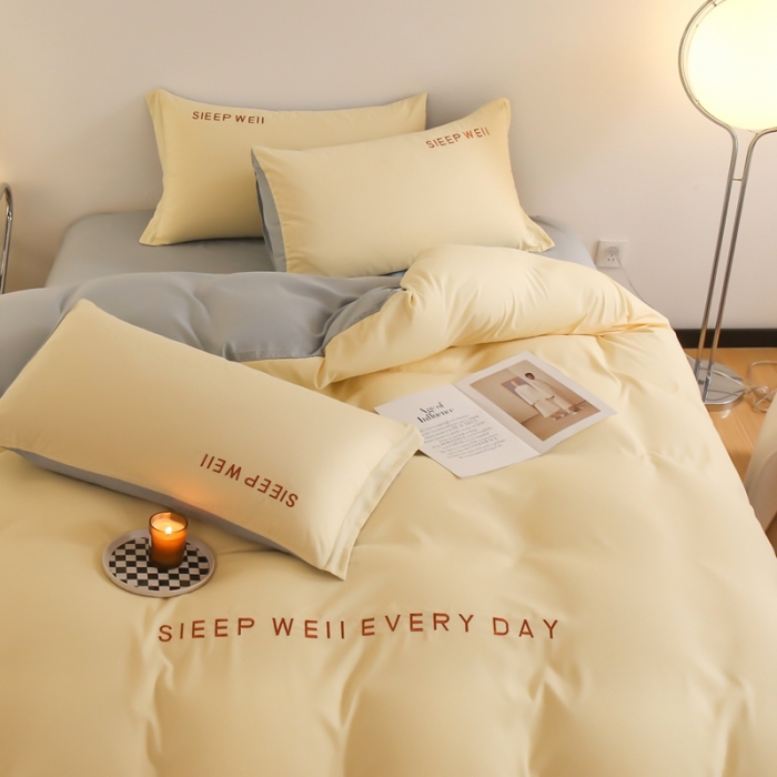 91家纺网 家纺一手货源 找家纺 啊雅家居纯色水洗磨毛亲肤绣花床单款床笠款四套件 奶黄加奶浅灰