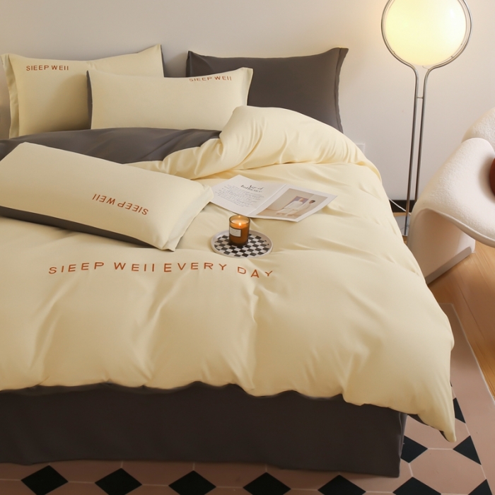 91家纺网 家纺一手货源 找家纺 啊雅家居纯色水洗磨毛亲肤绣花床单款床笠款四套件 奶黄加奶深灰