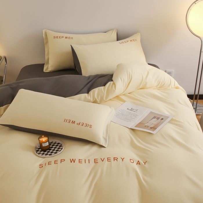 91家纺网 家纺一手货源 找家纺 啊雅家居纯色水洗磨毛亲肤绣花床单款床笠款四套件 奶黄加奶深灰