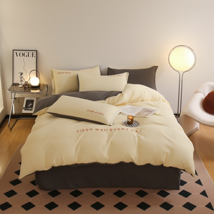 91家纺网 家纺一手货源 找家纺 啊雅家居纯色水洗磨毛亲肤绣花床单款床笠款四套件 奶黄加奶深灰