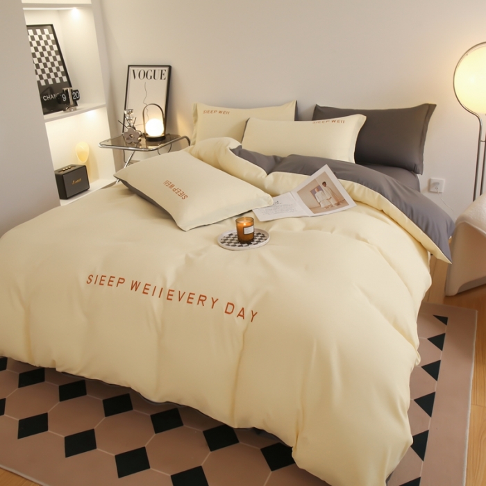 91家纺网 家纺一手货源 找家纺 啊雅家居纯色水洗磨毛亲肤绣花床单款床笠款四套件 奶黄加奶深灰