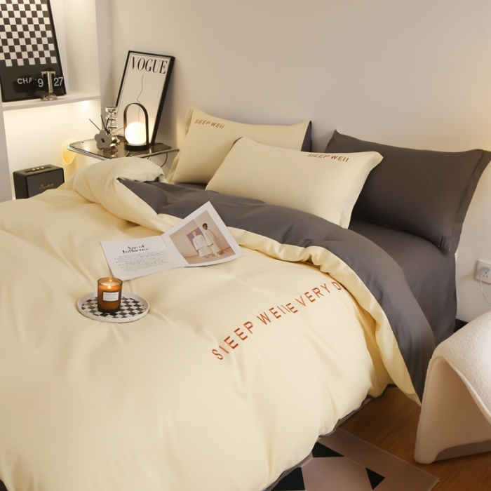 91家纺网 家纺一手货源 找家纺 啊雅家居纯色水洗磨毛亲肤绣花床单款床笠款四套件 奶黄加奶深灰