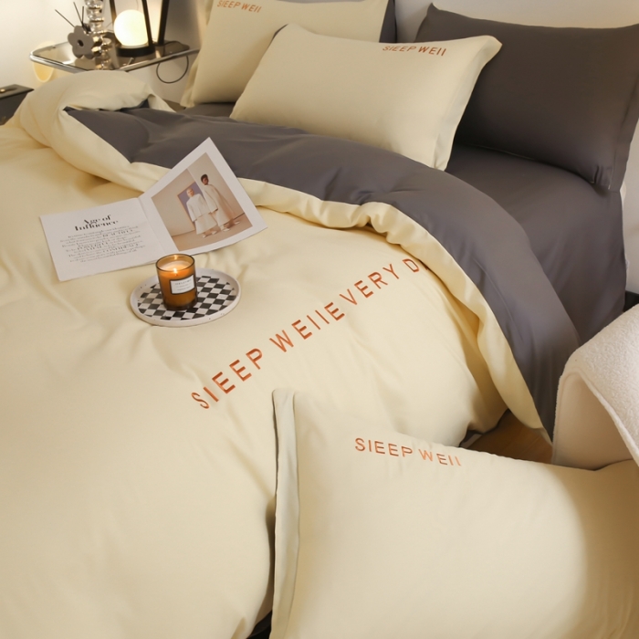 91家纺网 家纺一手货源 找家纺 啊雅家居纯色水洗磨毛亲肤绣花床单款床笠款四套件 奶黄加奶深灰