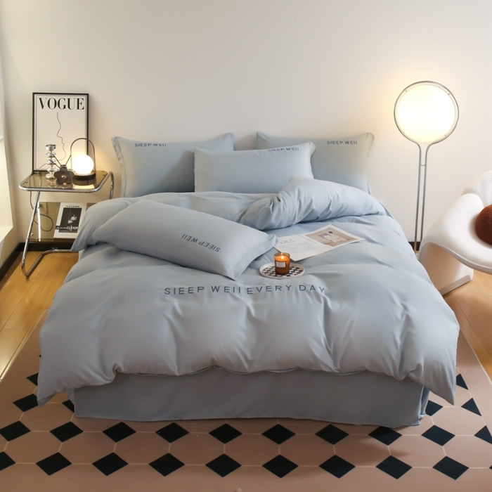 91家纺网 家纺一手货源 找家纺 啊雅家居纯色水洗磨毛亲肤绣花床单款床笠款四套件 奶兰灰