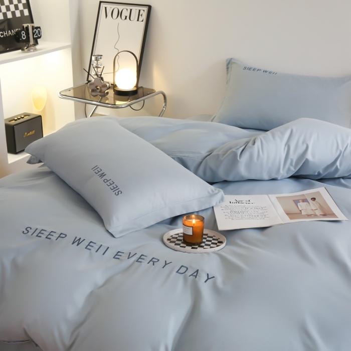 91家纺网 家纺一手货源 找家纺 啊雅家居纯色水洗磨毛亲肤绣花床单款床笠款四套件 奶兰灰