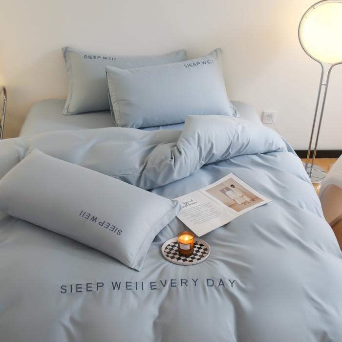 91家纺网 家纺一手货源 找家纺 啊雅家居纯色水洗磨毛亲肤绣花床单款床笠款四套件 奶兰灰