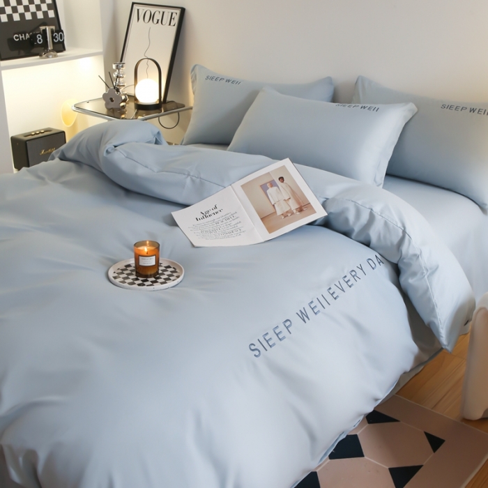 91家纺网 家纺一手货源 找家纺 啊雅家居纯色水洗磨毛亲肤绣花床单款床笠款四套件 奶兰灰