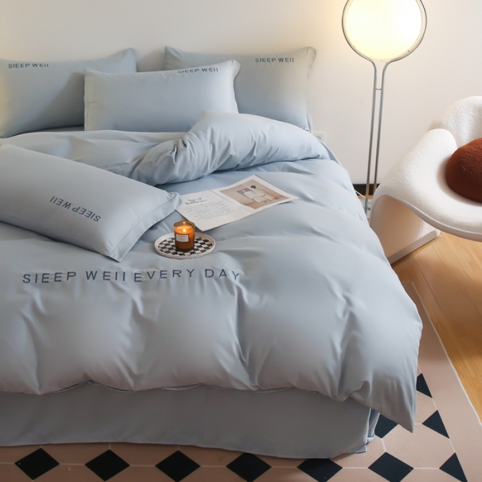 91家纺网 家纺一手货源 找家纺 啊雅家居纯色水洗磨毛亲肤绣花床单款床笠款四套件 奶兰灰