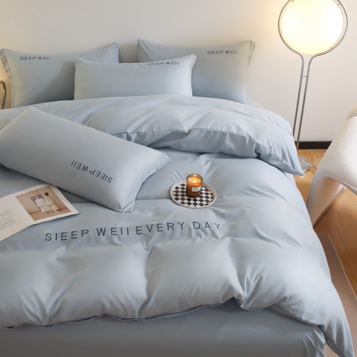 91家纺网 家纺一手货源 找家纺 啊雅家居纯色水洗磨毛亲肤绣花床单款床笠款四套件 奶兰灰